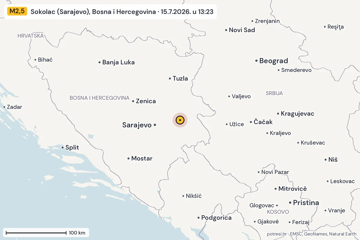 Karta: šire područje, 600 km, potres M2,5, Sokolac (Sarajevo), Bosna i Hercegovina, 15.7.2026.