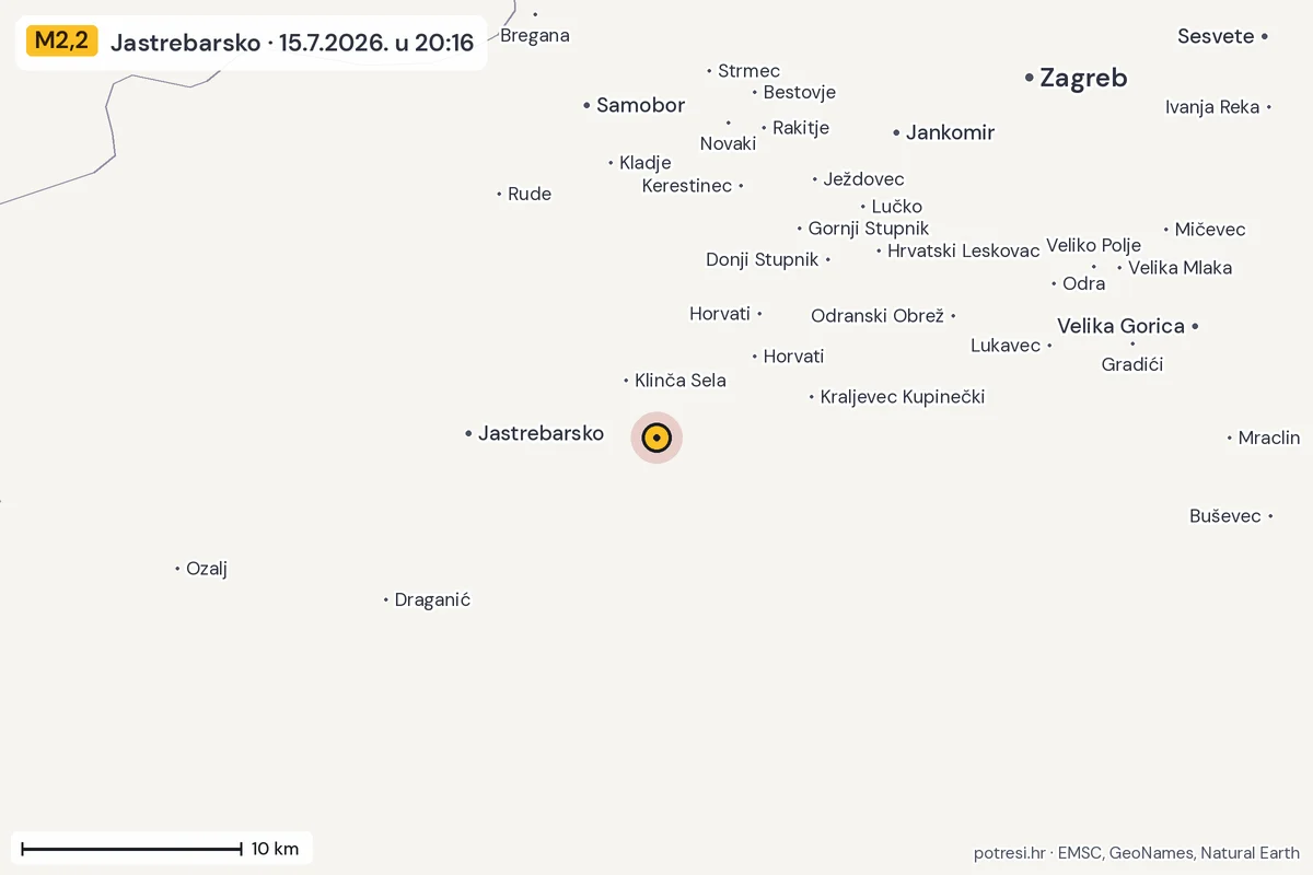 Karta: okolica epicentra, 60 km, potres M2,2, Jastrebarsko, 15.7.2026.