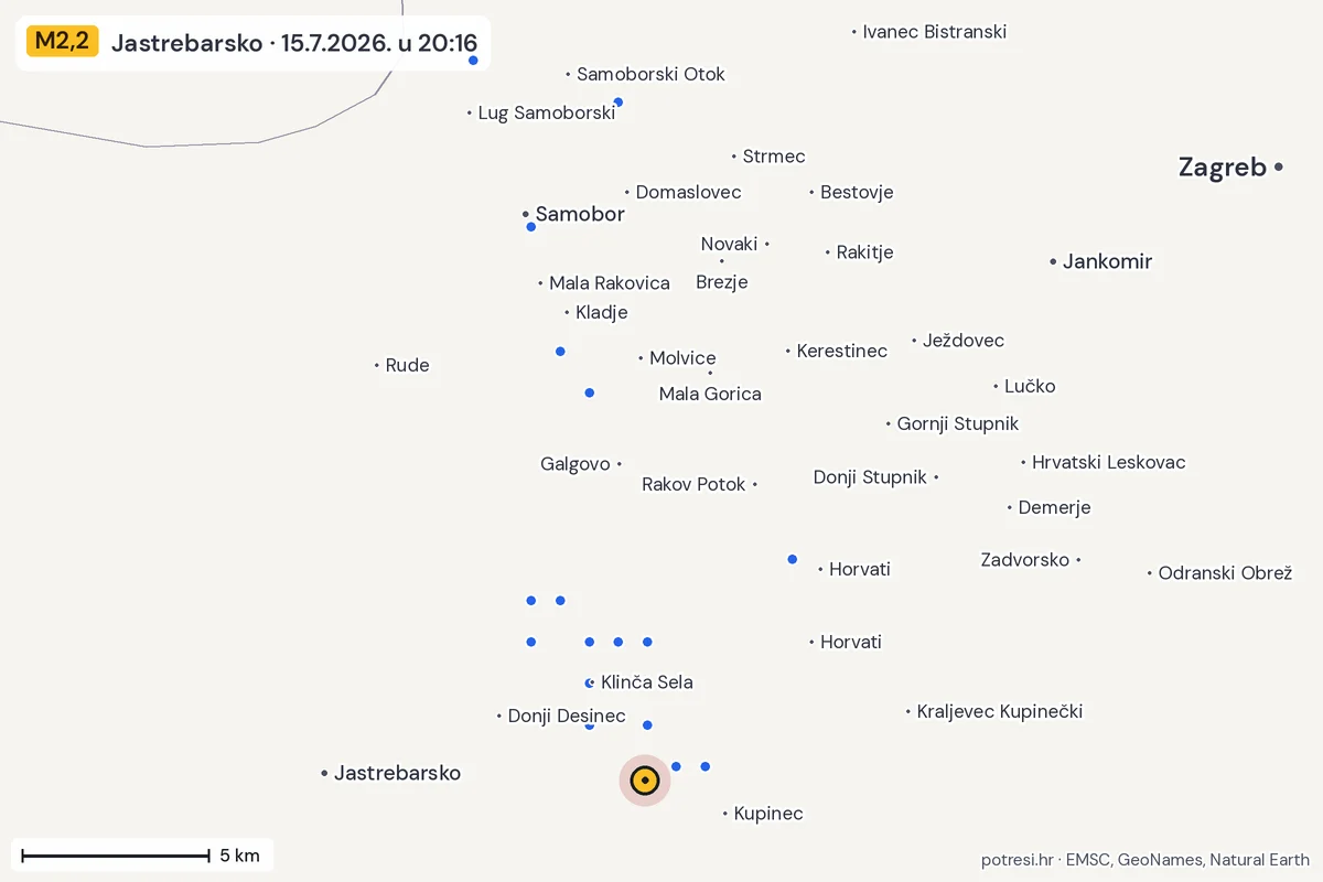 Karta: izvješća građana, potres M2,2, Jastrebarsko, 15.7.2026.