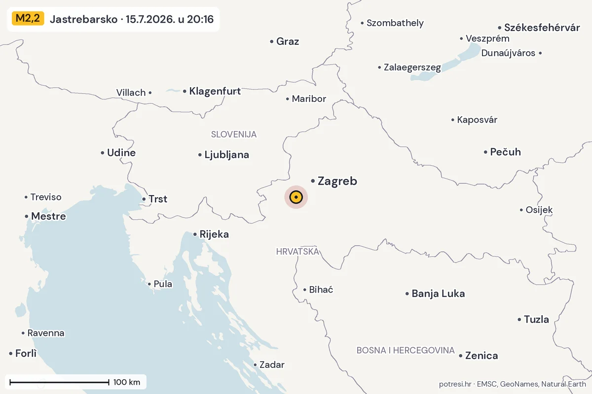 Karta: šire područje, 600 km, potres M2,2, Jastrebarsko, 15.7.2026.