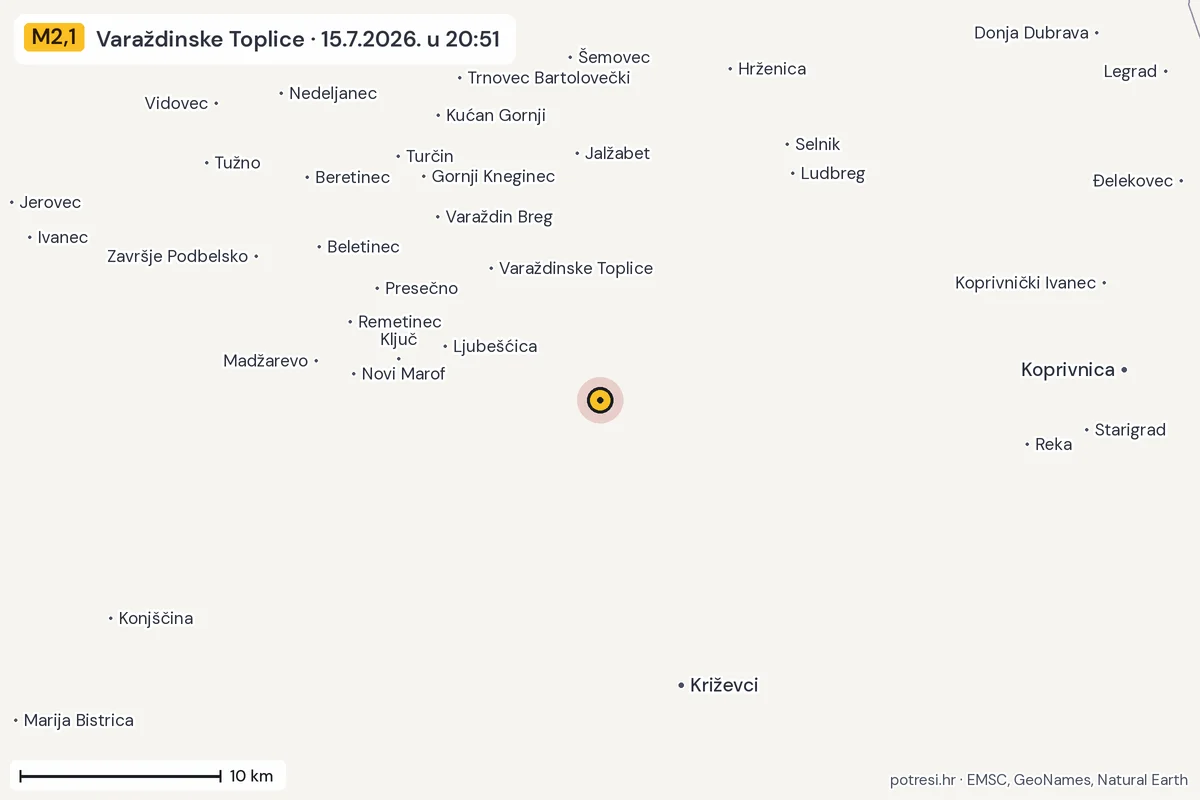 Karta: okolica epicentra, 60 km, potres M2,1, Varaždinske Toplice, 15.7.2026.