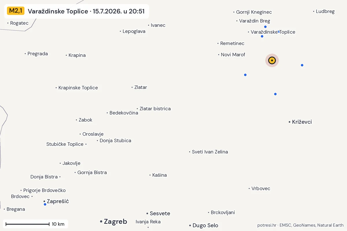 Karta: izvješća građana, potres M2,1, Varaždinske Toplice, 15.7.2026.