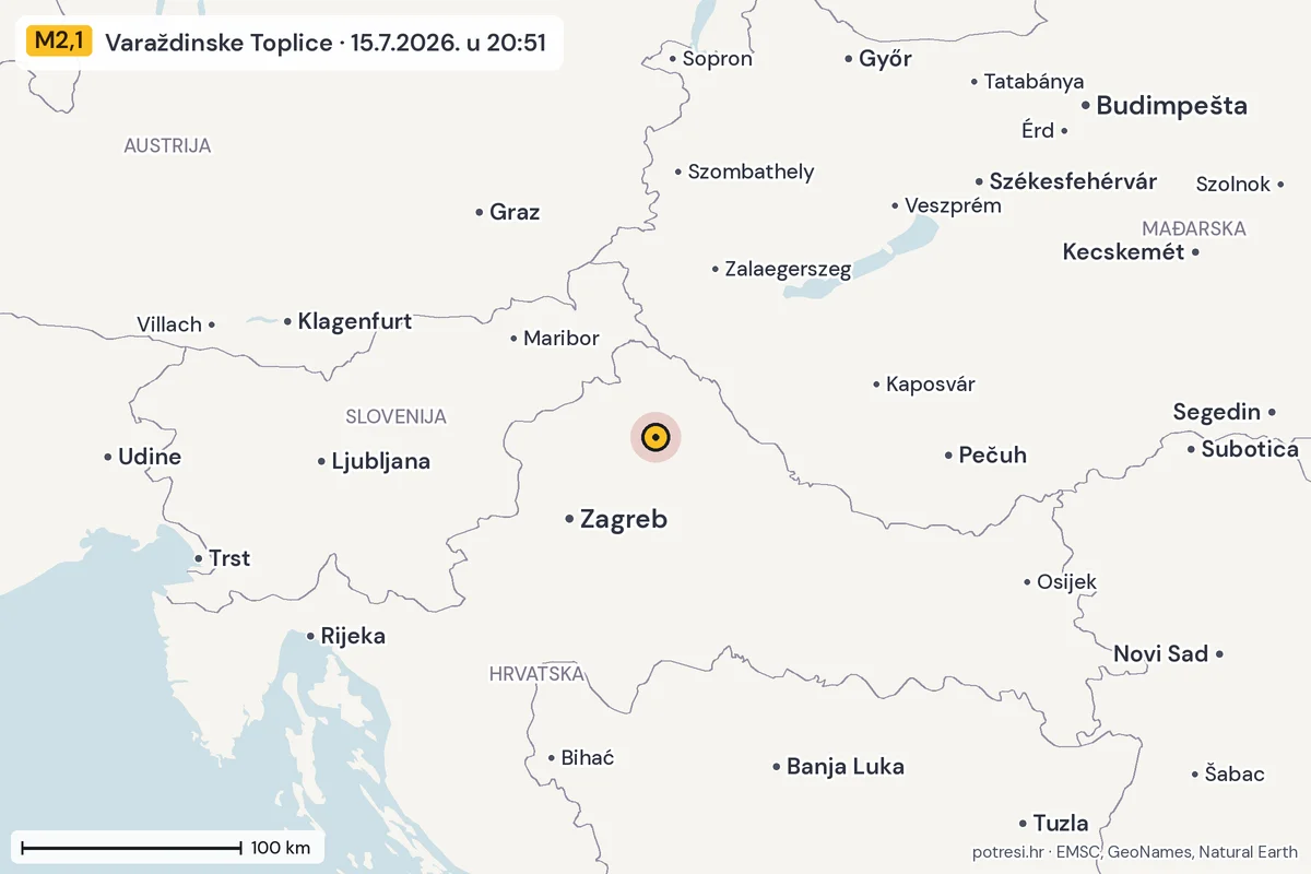 Karta: šire područje, 600 km, potres M2,1, Varaždinske Toplice, 15.7.2026.