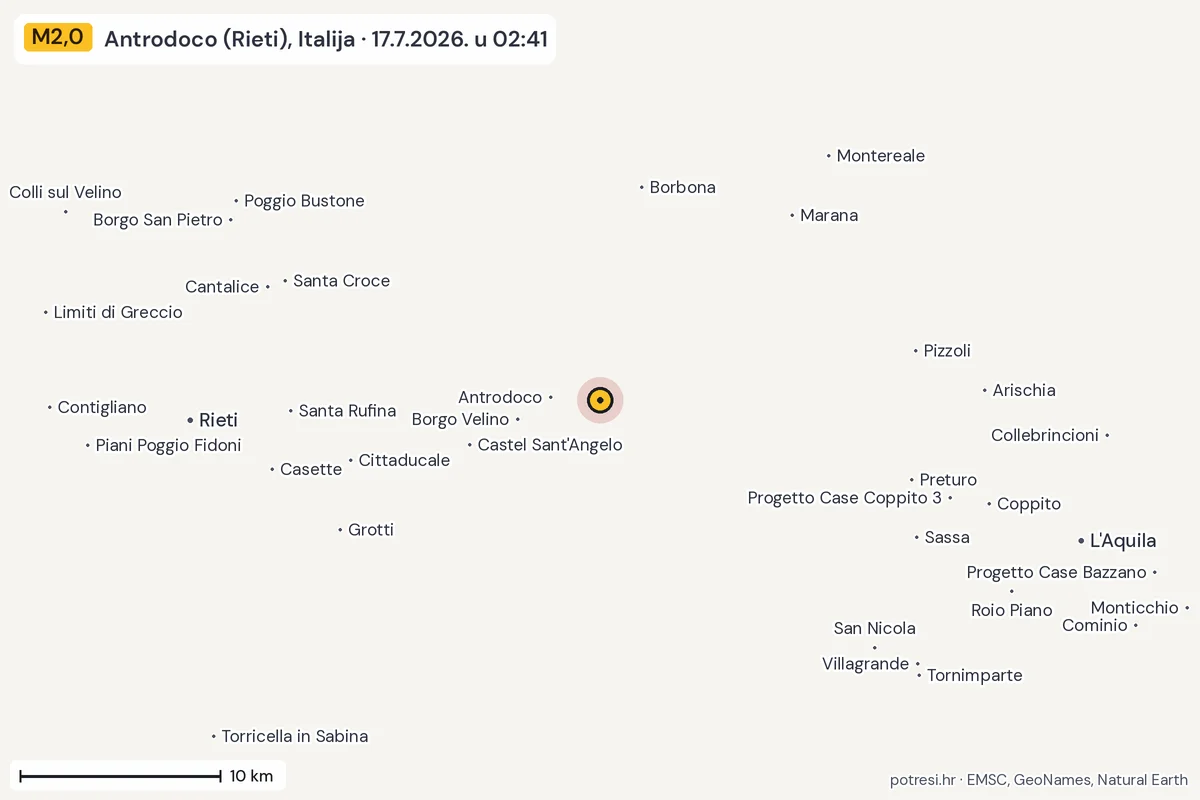 Karta: okolica epicentra, 60 km, potres M2,0, Antrodoco (Rieti), Italija, 17.7.2026.
