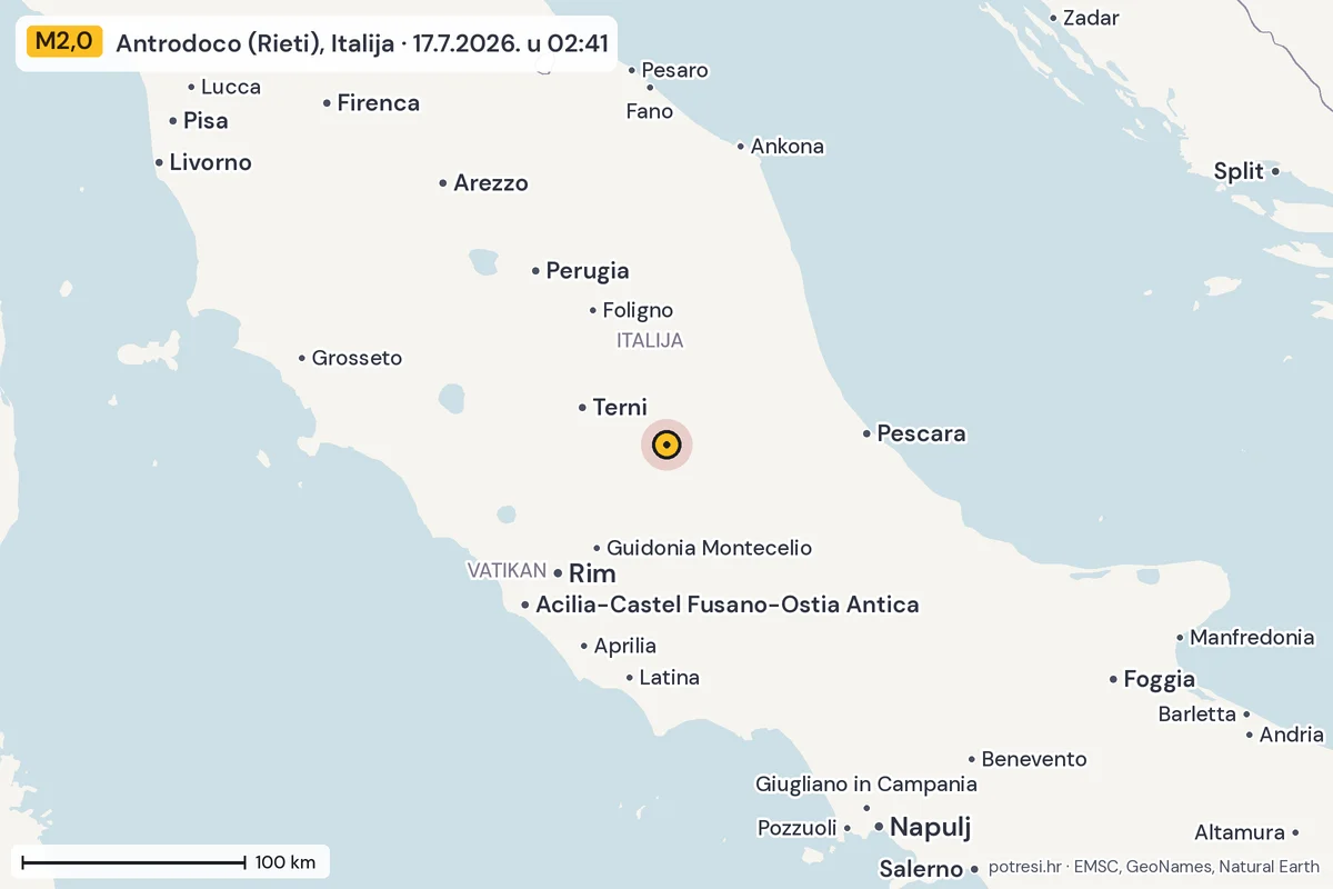 Karta: šire područje, 600 km, potres M2,0, Antrodoco (Rieti), Italija, 17.7.2026.