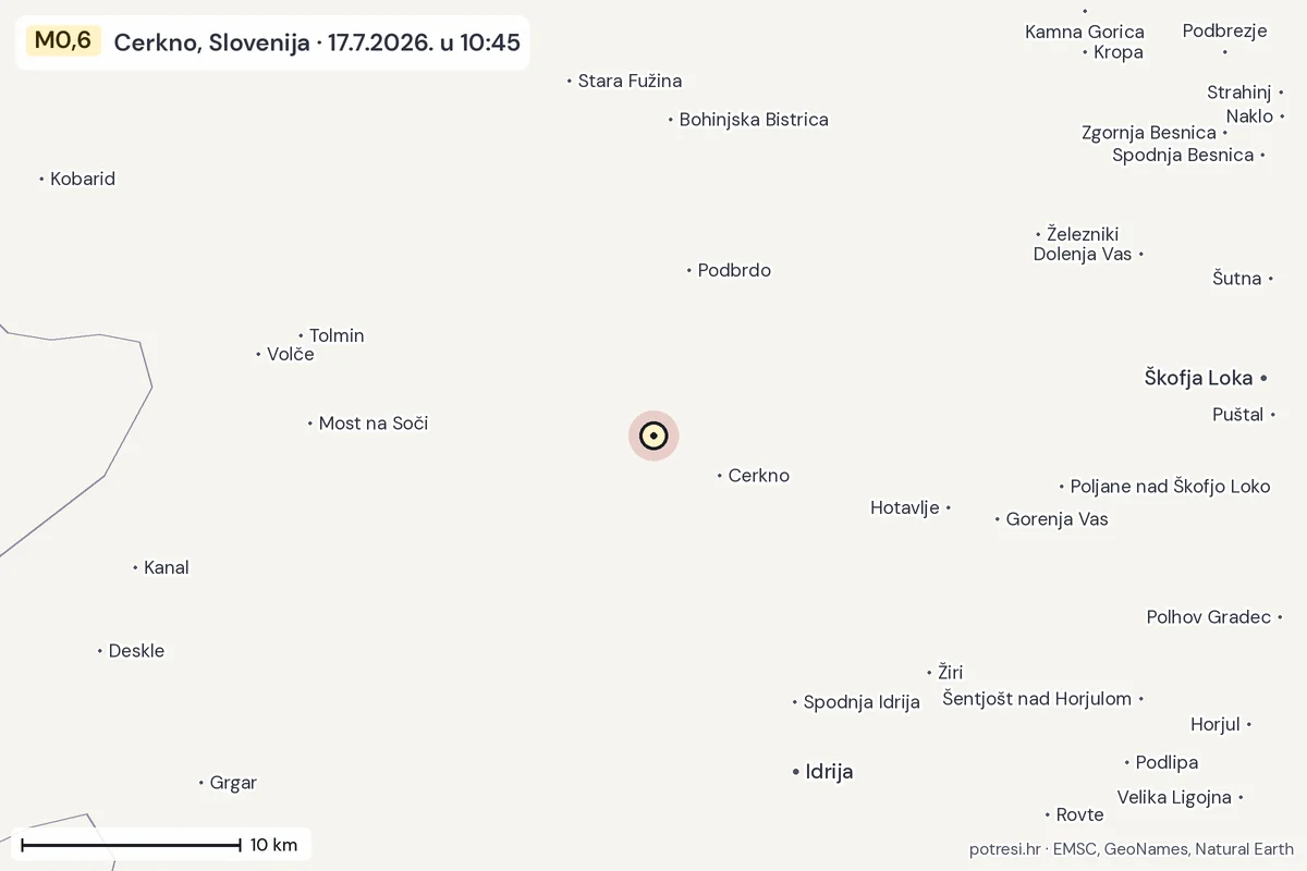 Karta: okolica epicentra, 60 km, potres M0,6, Cerkno, Slovenija, 17.7.2026.