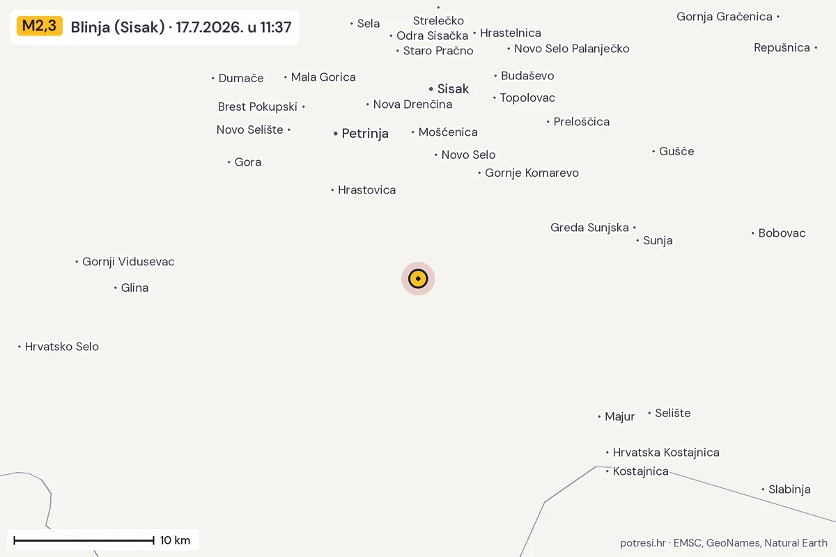Karta: okolica epicentra, 60 km, potres M2,3, Blinja (Sisak), 17.7.2026.
