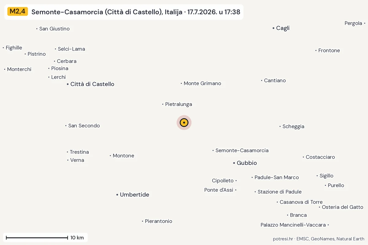Karta: okolica epicentra, 60 km, potres M2,4, Semonte-Casamorcia (Città di Castello), Italija, 17.7.2026.