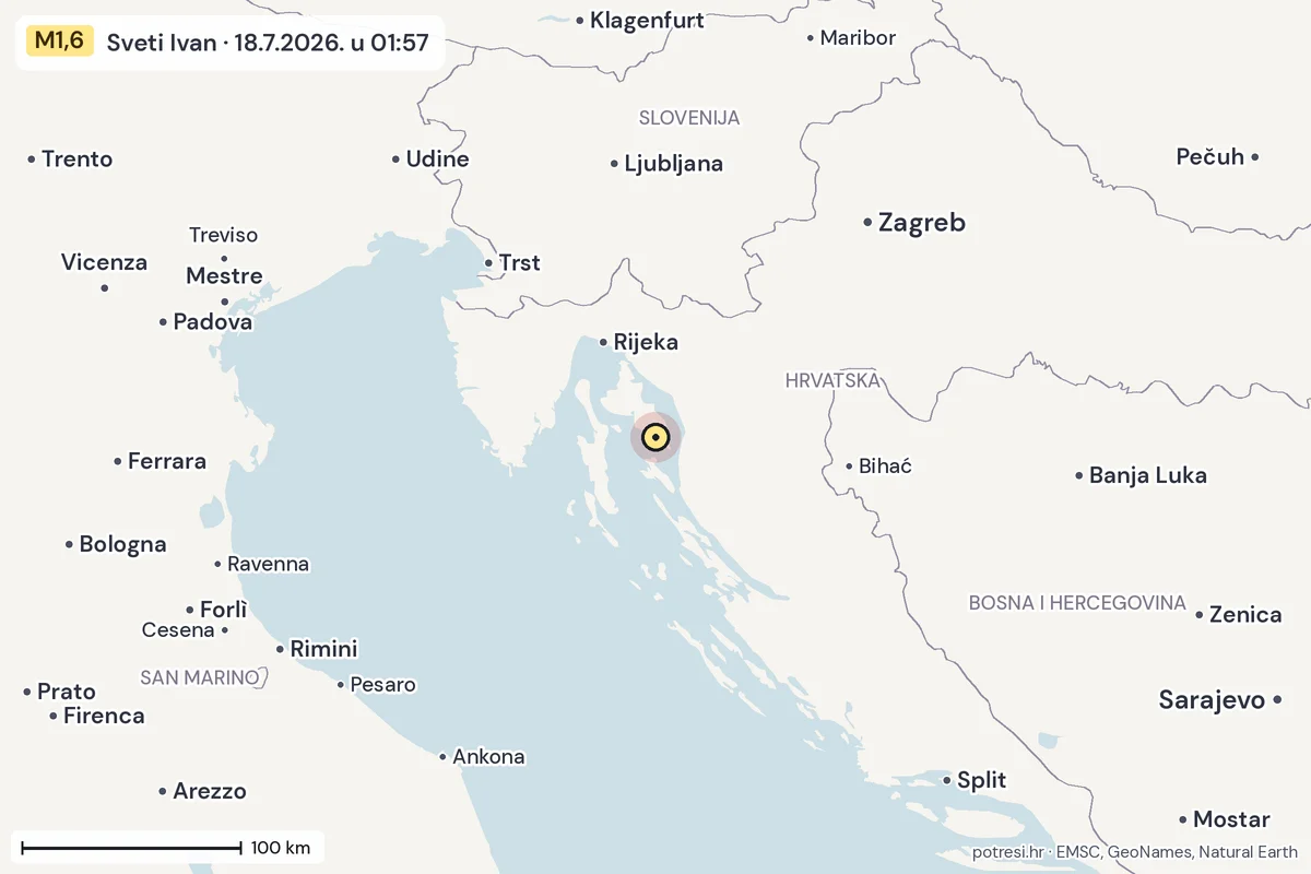 Karta: šire područje, 600 km, potres M1,6, Sveti Ivan, 18.7.2026.