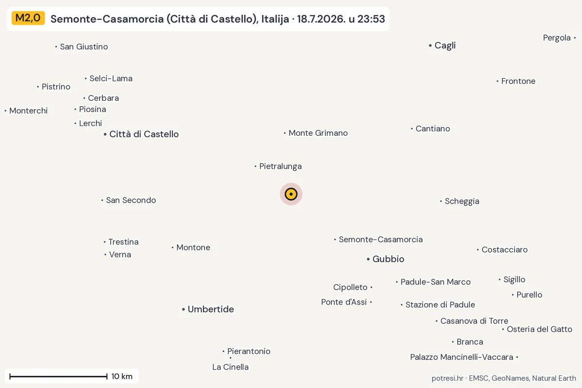 Karta: okolica epicentra, 60 km, potres M2,0, Semonte-Casamorcia (Città di Castello), Italija, 18.7.2026.