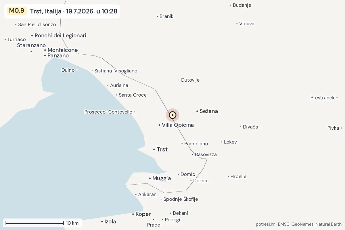 Karta: okolica epicentra, 60 km, potres M0,9, Trst, Italija, 19.7.2026.
