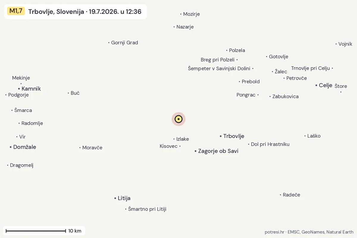 Karta: okolica epicentra, 60 km, potres M1,7, Trbovlje, Slovenija, 19.7.2026.