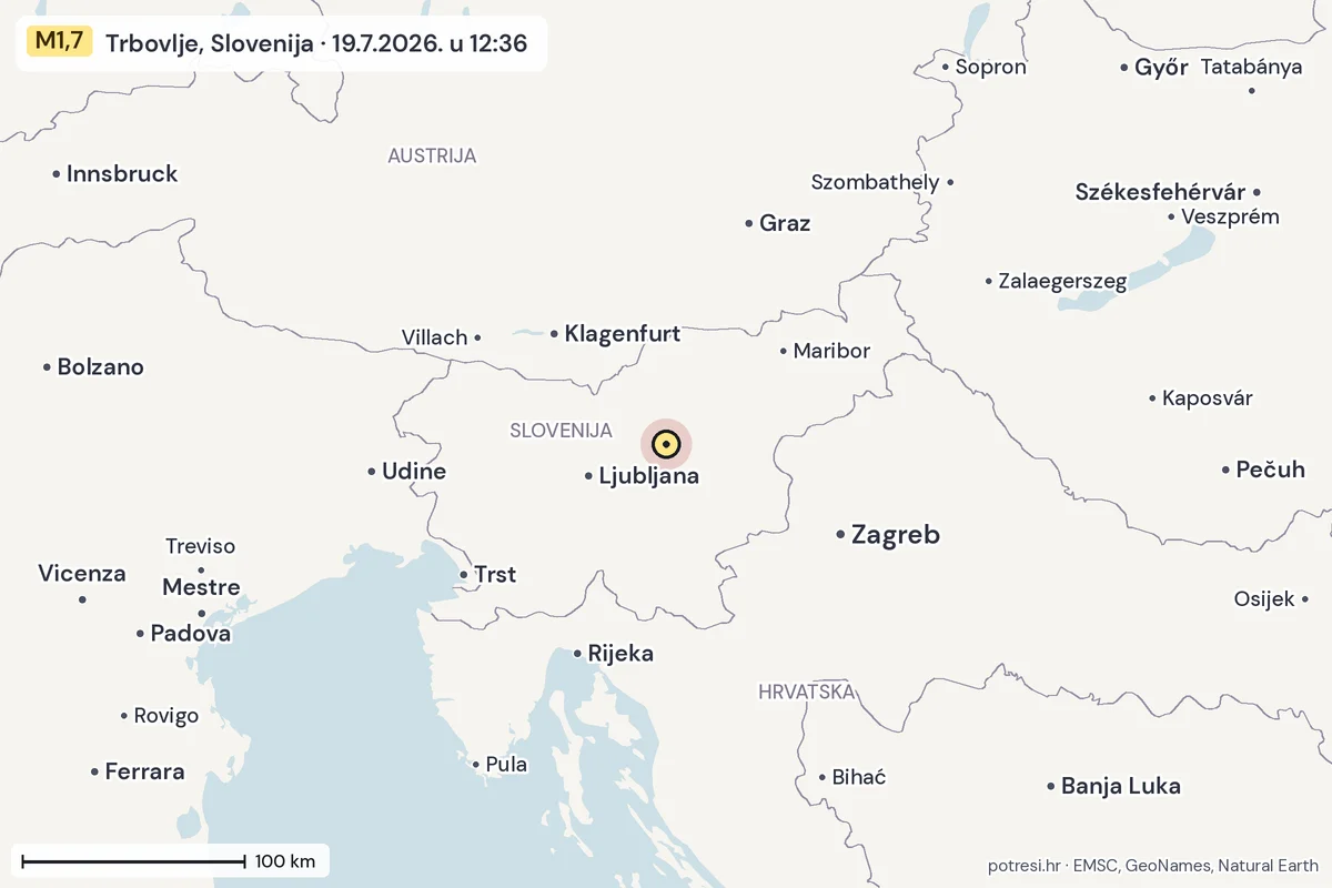 Karta: šire područje, 600 km, potres M1,7, Trbovlje, Slovenija, 19.7.2026.