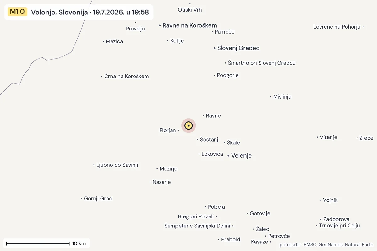 Karta: okolica epicentra, 60 km, potres M1,0, Velenje, Slovenija, 19.7.2026.