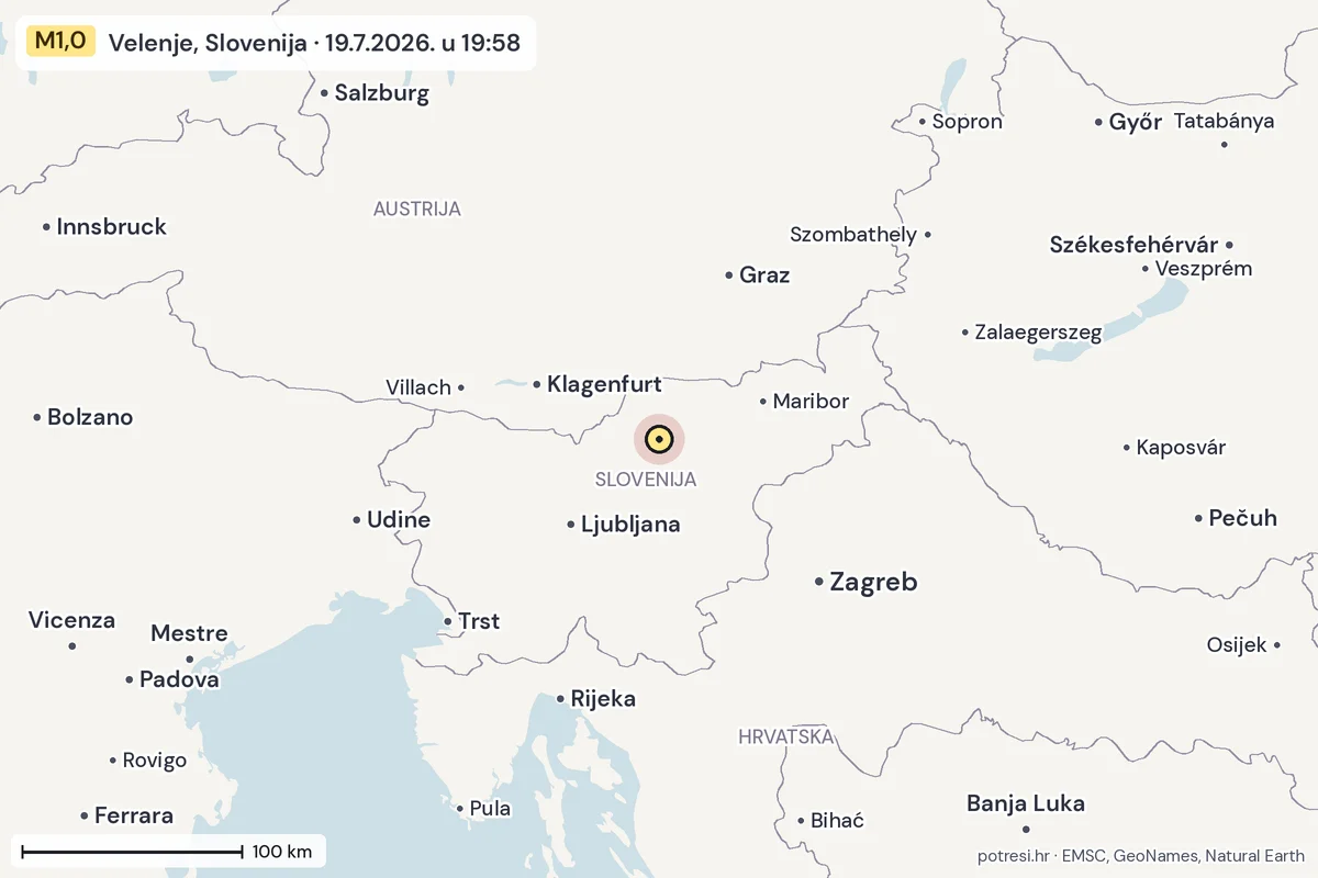 Karta: šire područje, 600 km, potres M1,0, Velenje, Slovenija, 19.7.2026.