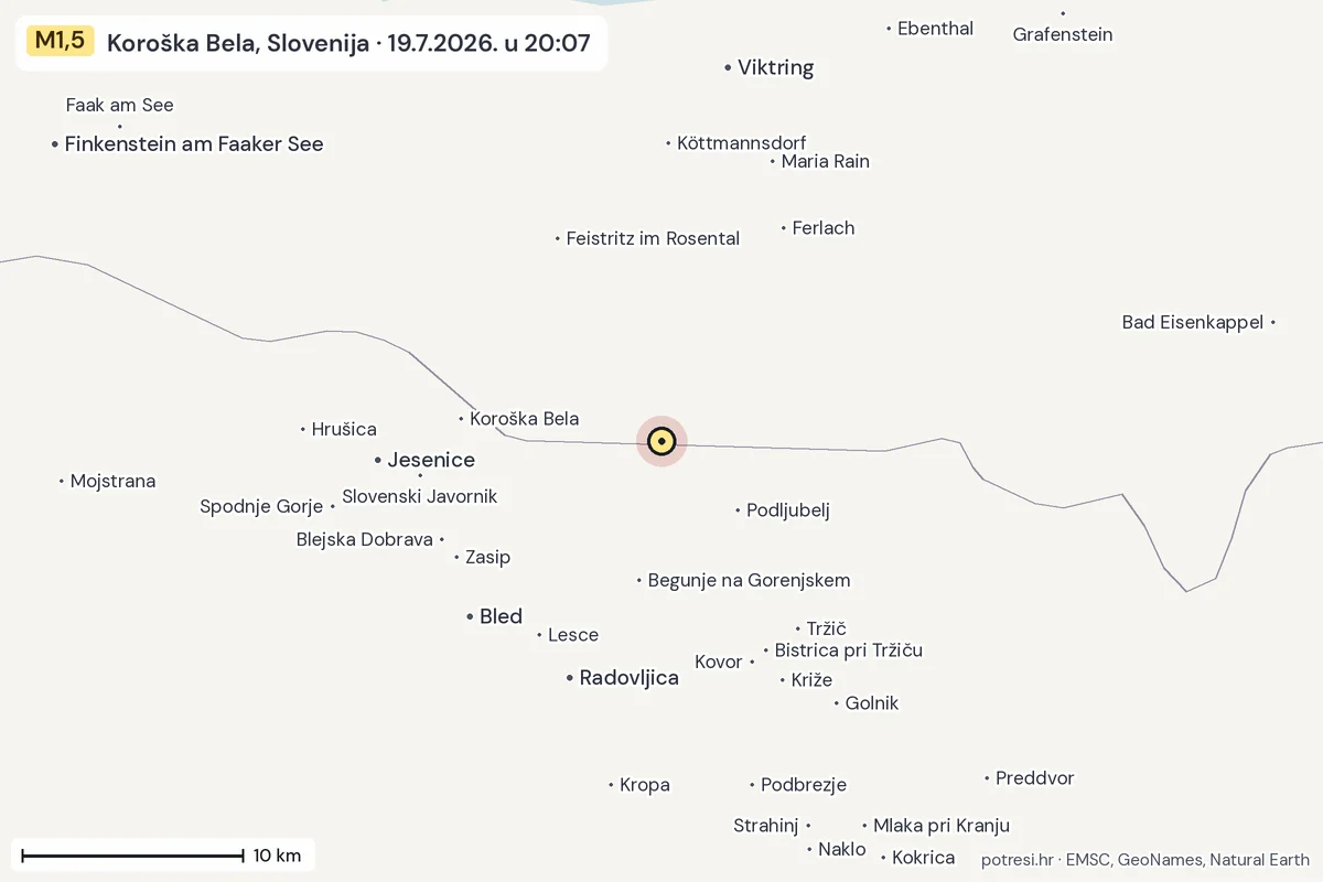 Karta: okolica epicentra, 60 km, potres M1,5, Koroška Bela, Slovenija, 19.7.2026.