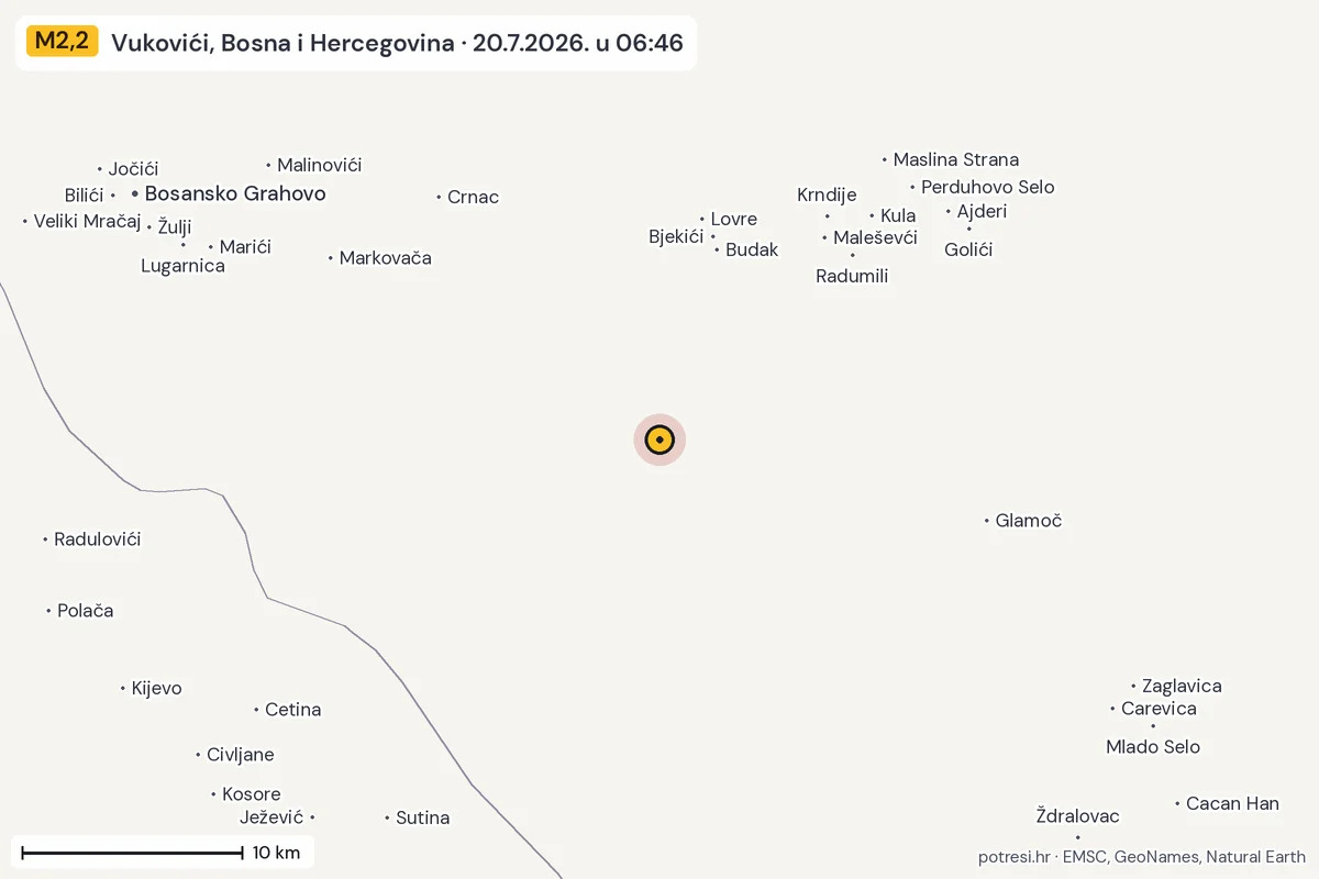 Karta: okolica epicentra, 60 km, potres M2,2, Vukovići, Bosna i Hercegovina, 20.7.2026.