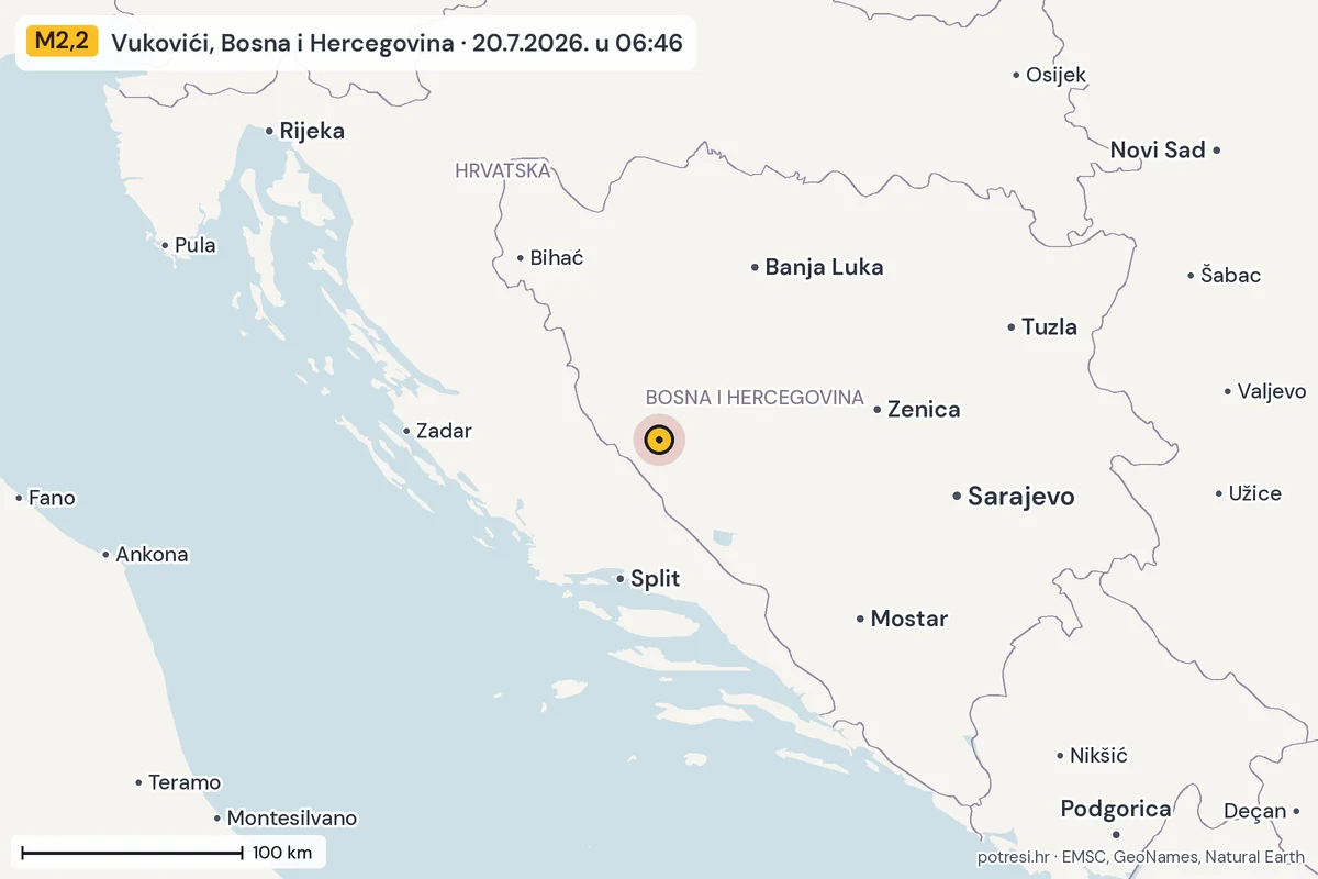 Karta: šire područje, 600 km, potres M2,2, Vukovići, Bosna i Hercegovina, 20.7.2026.
