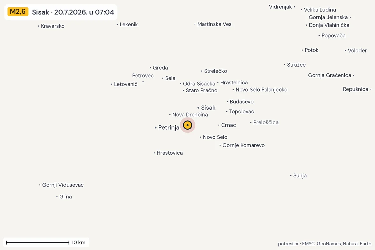 Karta: okolica epicentra, 60 km, potres M2,6, Sisak, 20.7.2026.