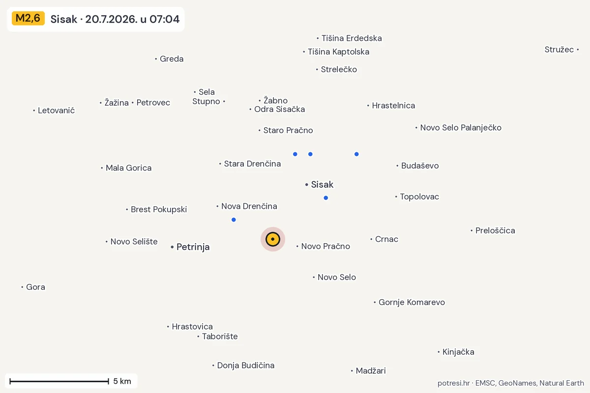 Karta: izvješća građana, potres M2,6, Sisak, 20.7.2026.
