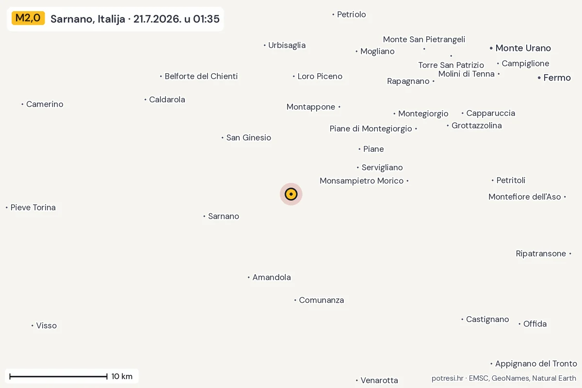 Karta: okolica epicentra, 60 km, potres M2,0, Sarnano, Italija, 21.7.2026.