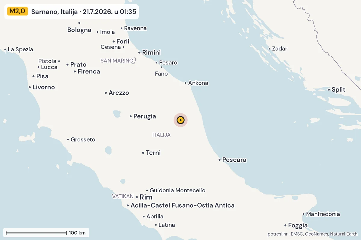 Karta: šire područje, 600 km, potres M2,0, Sarnano, Italija, 21.7.2026.