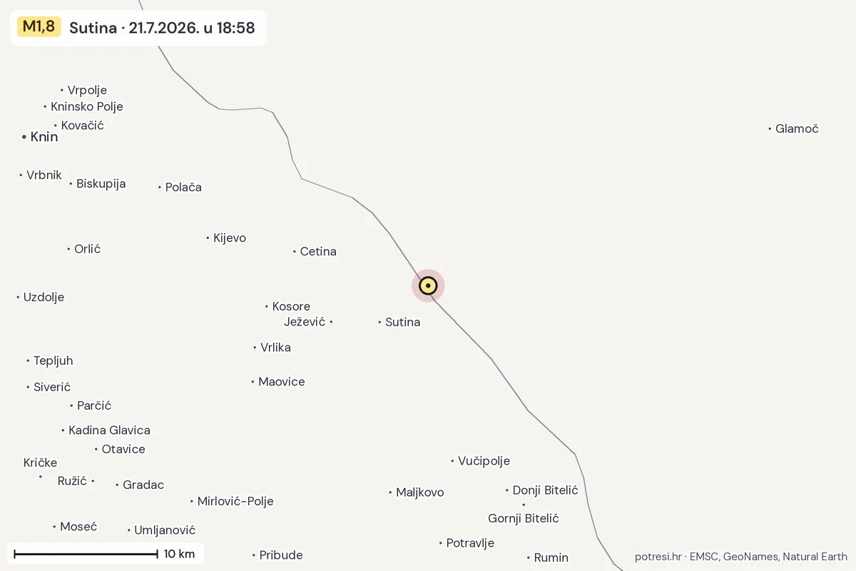 Karta: okolica epicentra, 60 km, potres M1,8, Sutina, 21.7.2026.