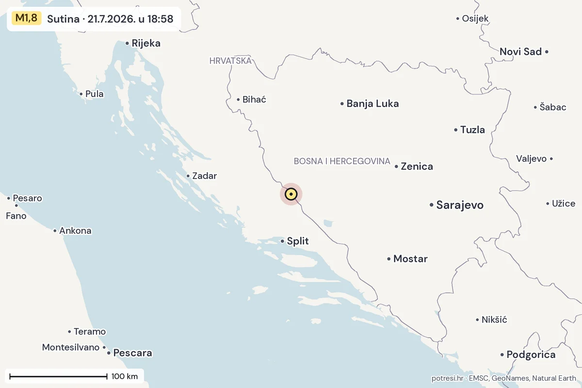 Karta: šire područje, 600 km, potres M1,8, Sutina, 21.7.2026.