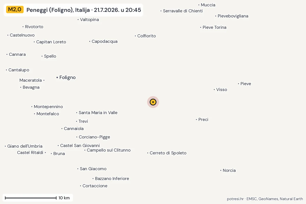 Karta: okolica epicentra, 60 km, potres M2,0, Peneggi (Foligno), Italija, 21.7.2026.