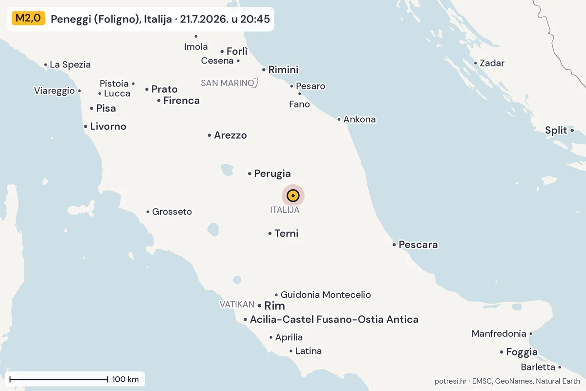 Karta: šire područje, 600 km, potres M2,0, Peneggi (Foligno), Italija, 21.7.2026.