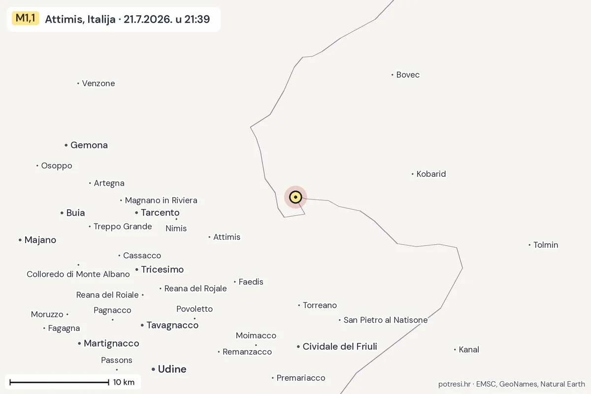 Karta: okolica epicentra, 60 km, potres M1,1, Attimis, Italija, 21.7.2026.