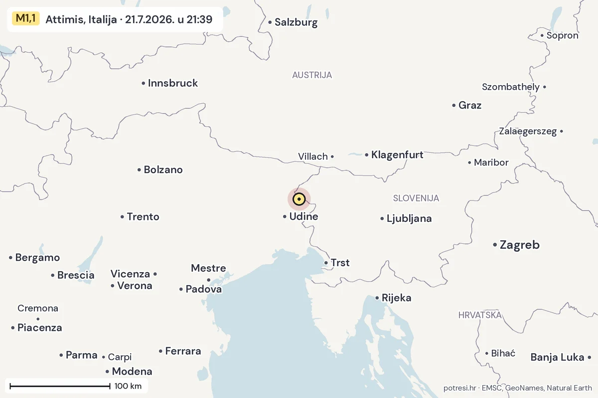 Karta: šire područje, 600 km, potres M1,1, Attimis, Italija, 21.7.2026.
