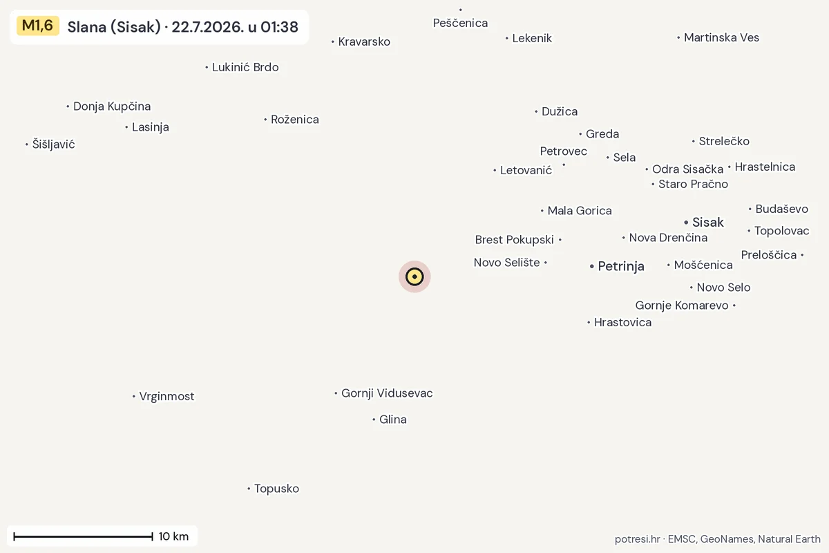 Karta: okolica epicentra, 60 km, potres M1,6, Slana (Sisak), 22.7.2026.