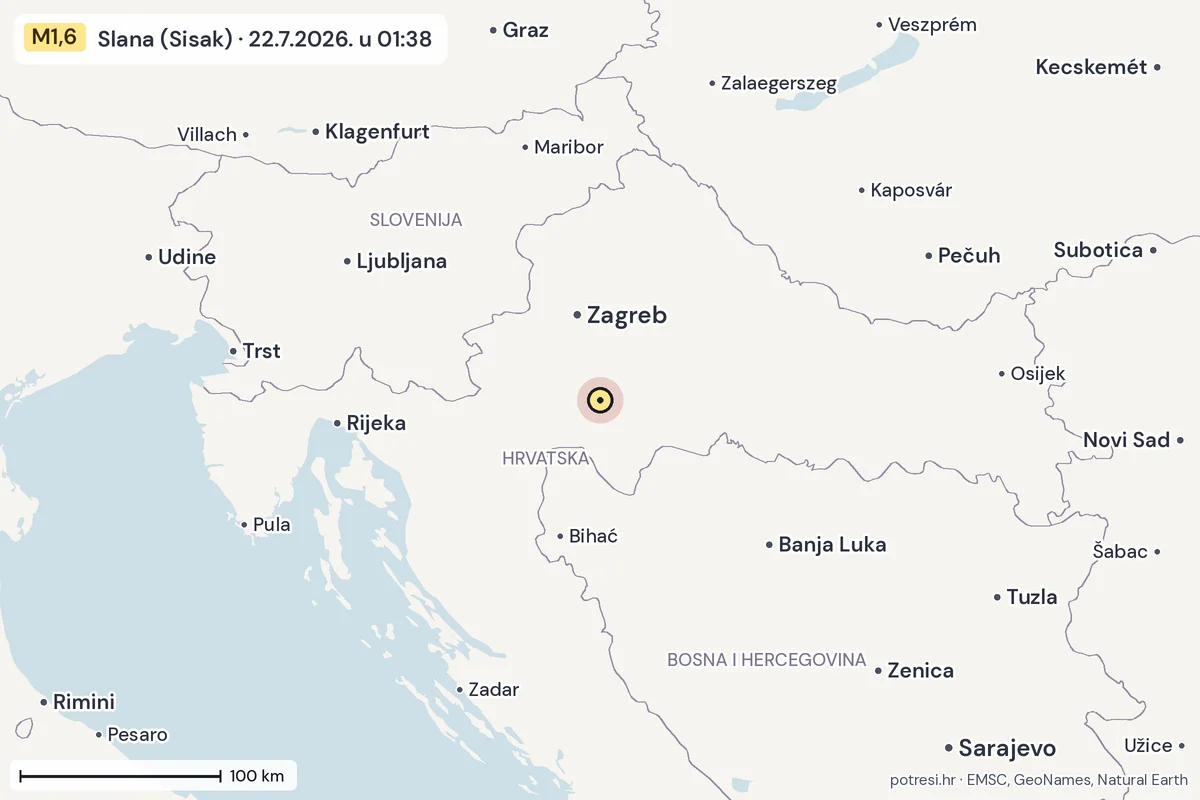 Karta: šire područje, 600 km, potres M1,6, Slana (Sisak), 22.7.2026.