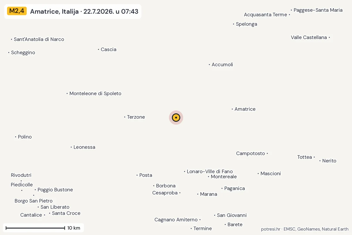 Karta: okolica epicentra, 60 km, potres M2,4, Amatrice, Italija, 22.7.2026.
