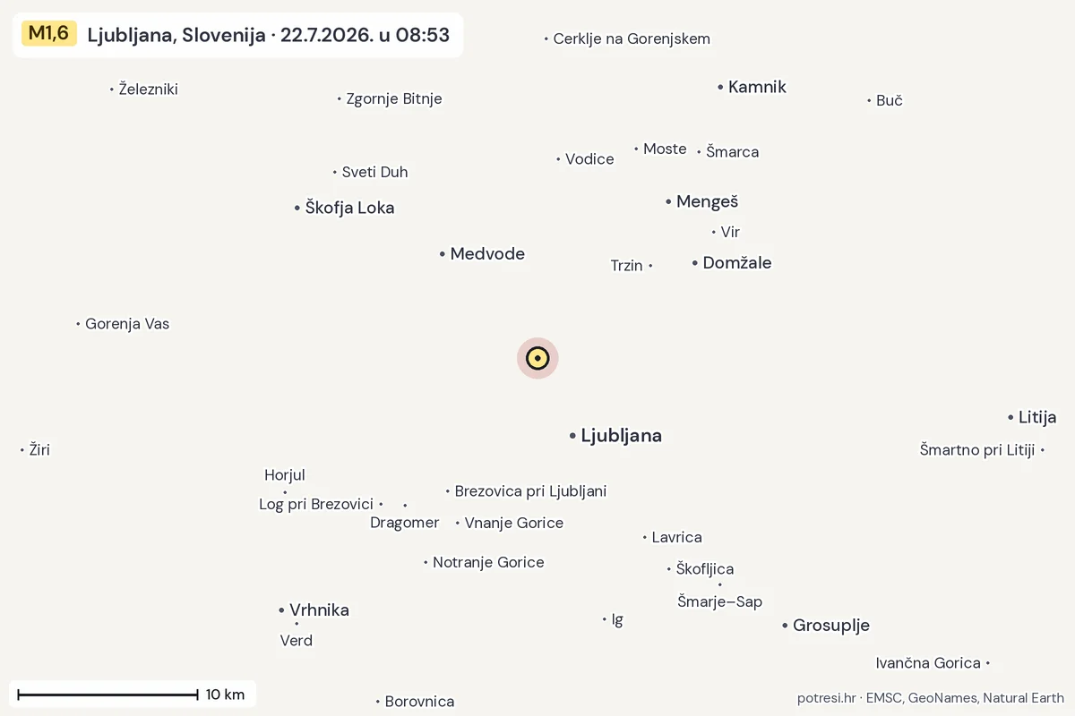 Karta: okolica epicentra, 60 km, potres M1,6, Ljubljana, Slovenija, 22.7.2026.
