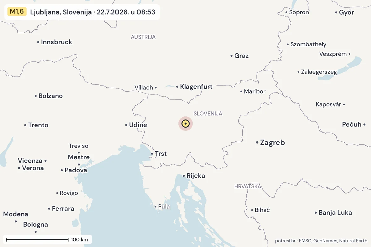 Karta: šire područje, 600 km, potres M1,6, Ljubljana, Slovenija, 22.7.2026.