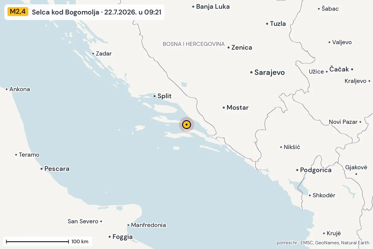 Karta: šire područje, 600 km, potres M2,4, Selca kod Bogomolja, 22.7.2026.