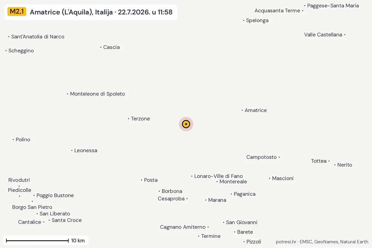 Karta: okolica epicentra, 60 km, potres M2,1, Amatrice (L'Aquila), Italija, 22.7.2026.