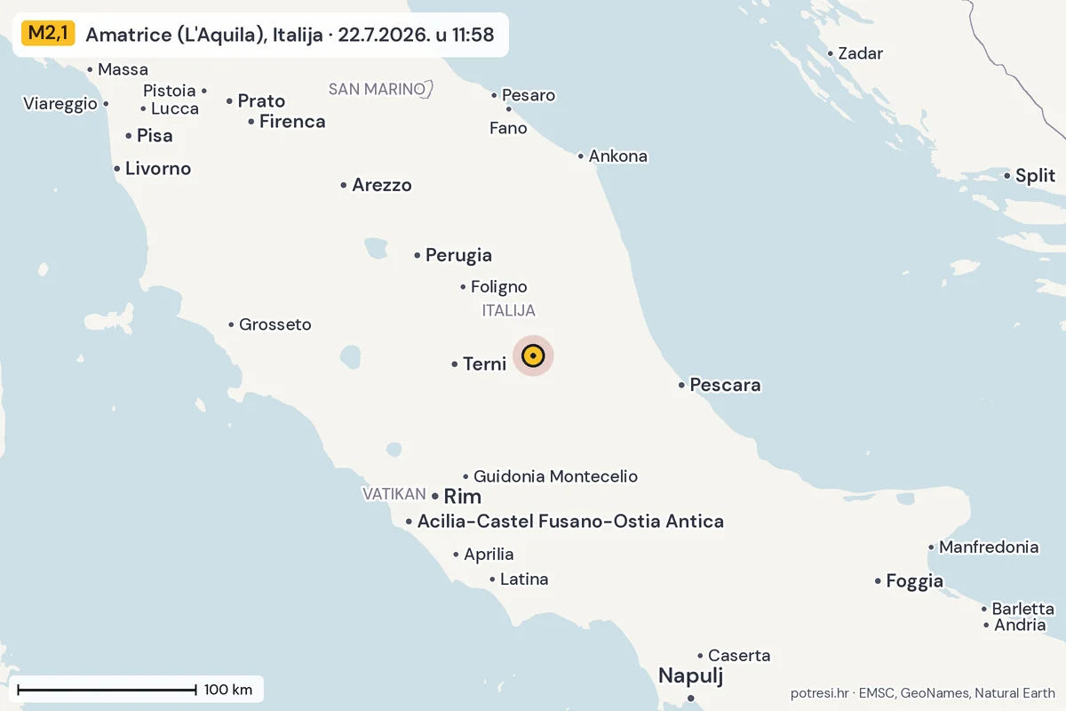 Karta: šire područje, 600 km, potres M2,1, Amatrice (L'Aquila), Italija, 22.7.2026.
