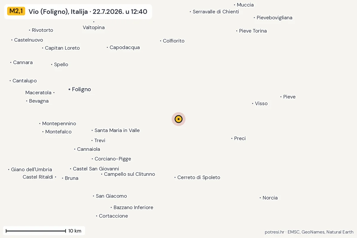 Karta: okolica epicentra, 60 km, potres M2,1, Vio (Foligno), Italija, 22.7.2026.