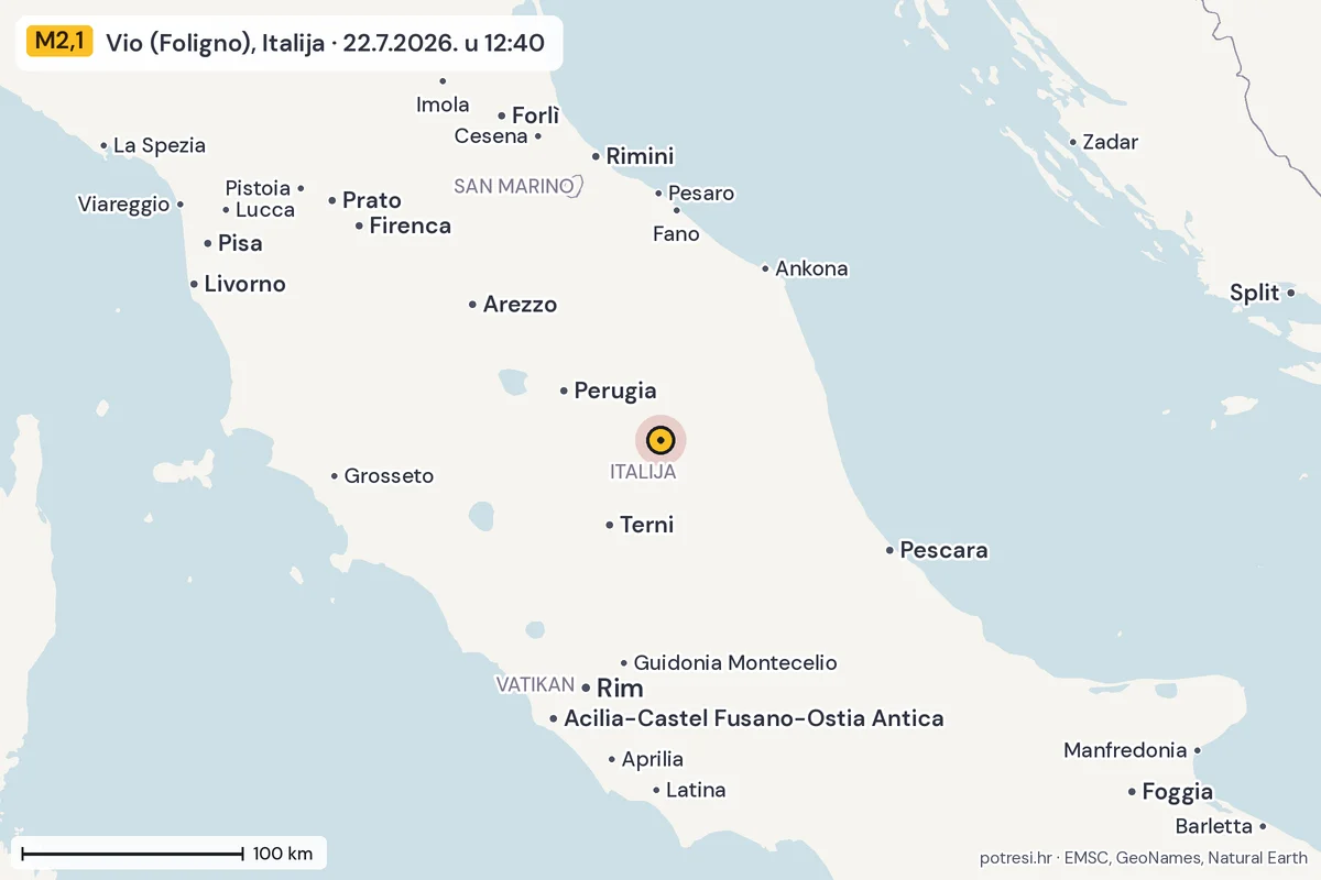 Karta: šire područje, 600 km, potres M2,1, Vio (Foligno), Italija, 22.7.2026.