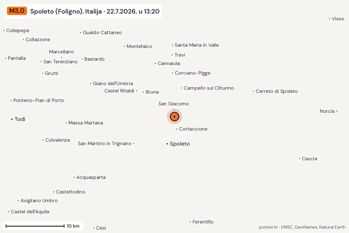 Karta: okolica epicentra, 60 km, potres M3,0, Spoleto (Foligno), Italija, 22.7.2026.