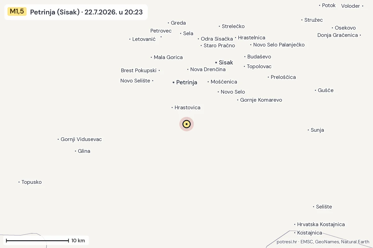 Karta: okolica epicentra, 60 km, potres M1,5, Petrinja (Sisak), 22.7.2026.