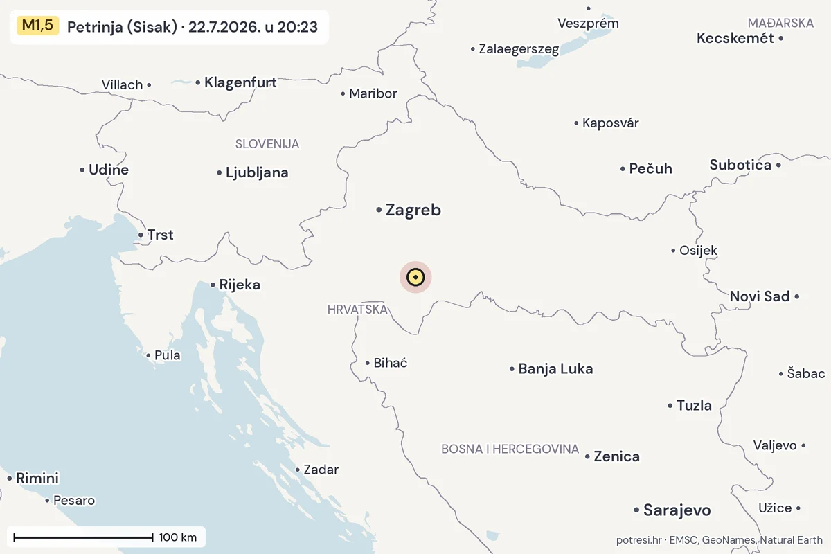 Karta: šire područje, 600 km, potres M1,5, Petrinja (Sisak), 22.7.2026.