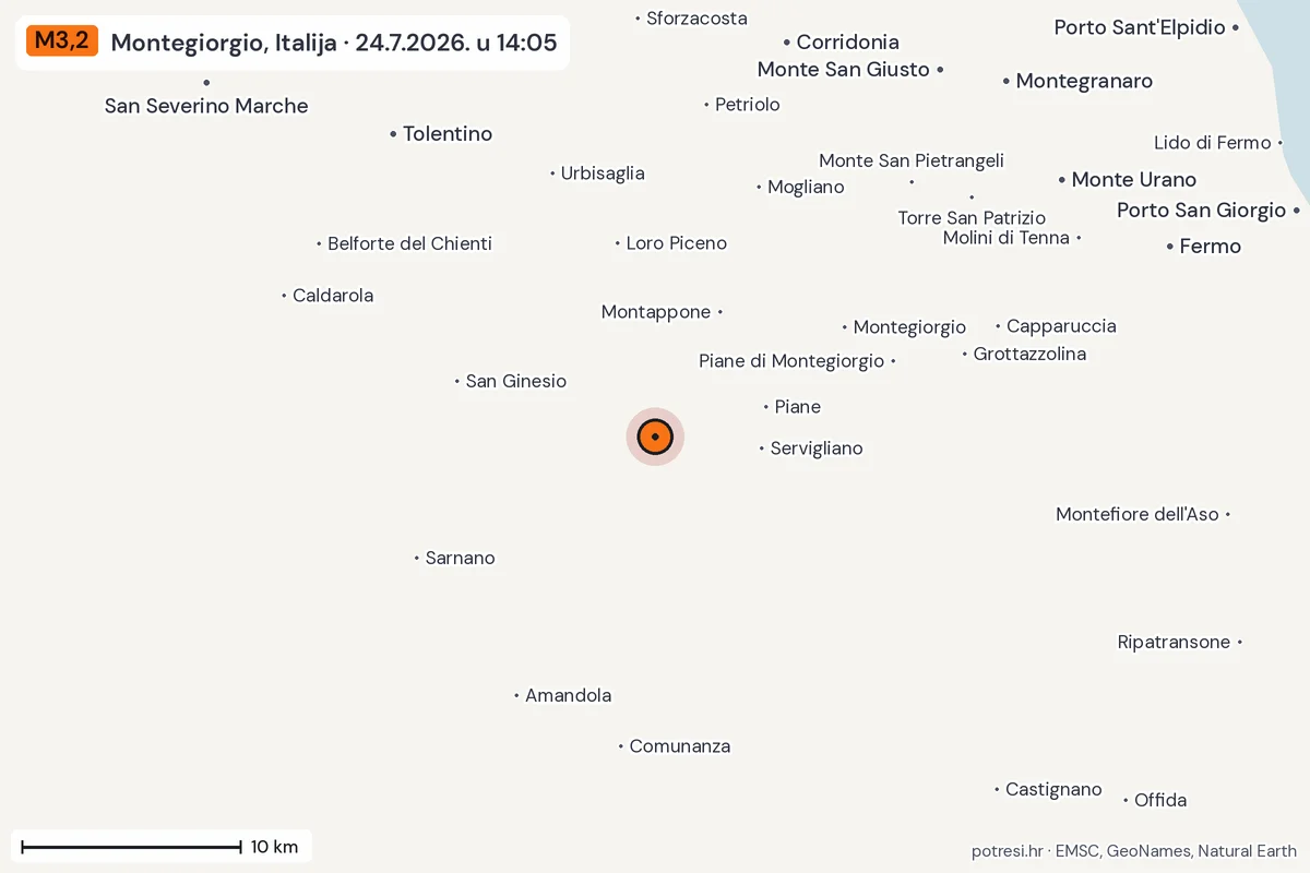 Karta: okolica epicentra, 60 km, potres M3,2, Montegiorgio, Italija, 24.7.2026.