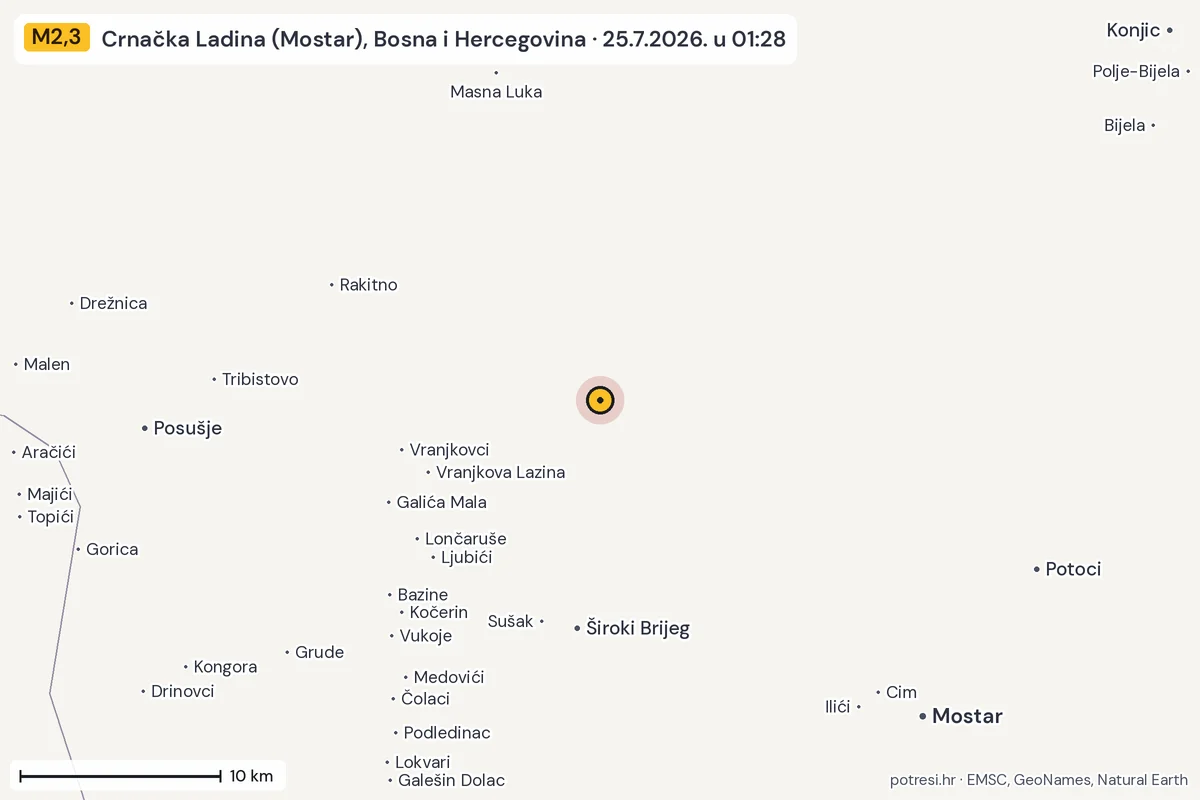 Karta: okolica epicentra, 60 km, potres M2,3, Crnačka Ladina (Mostar), Bosna i Hercegovina, 25.7.2026.