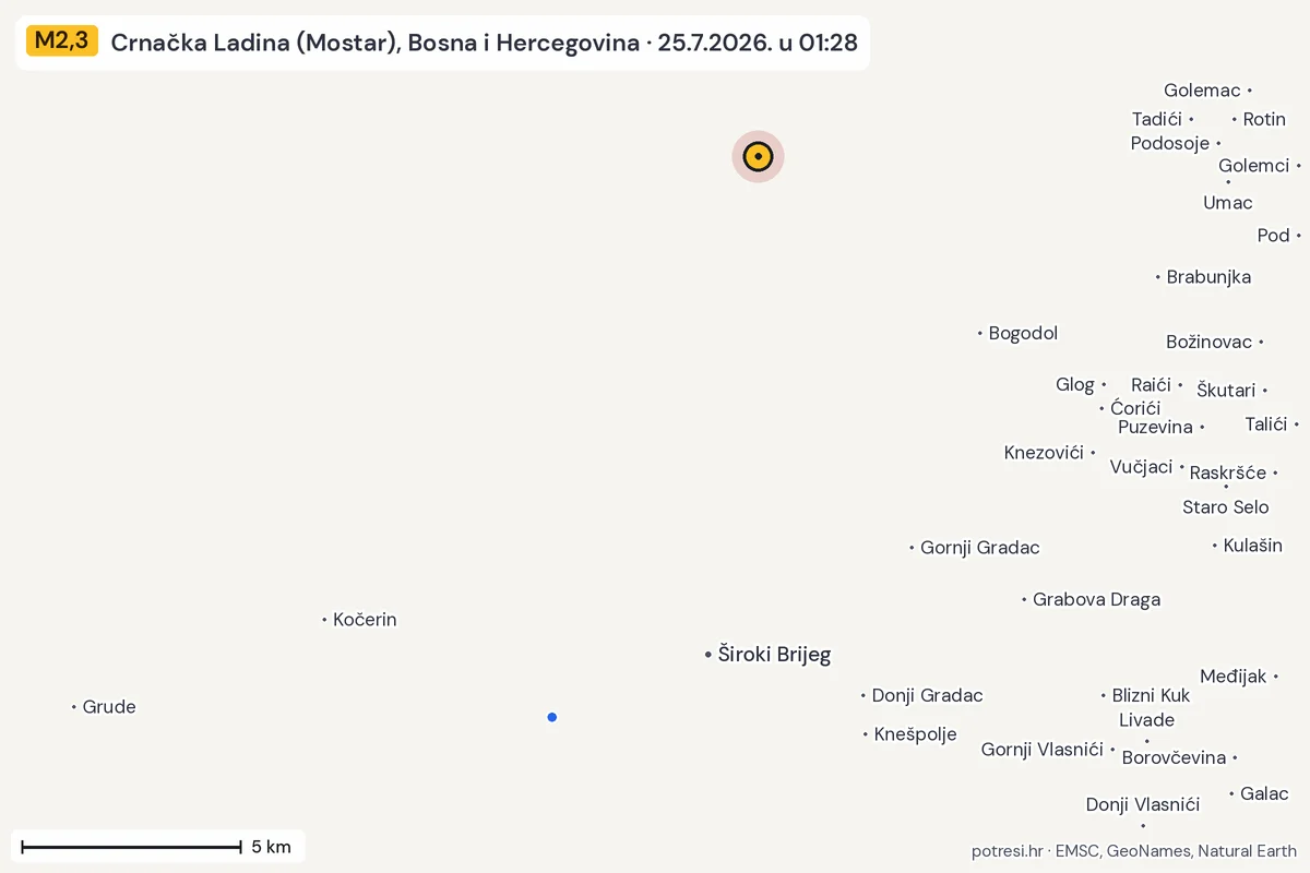 Karta: izvješća građana, potres M2,3, Crnačka Ladina (Mostar), Bosna i Hercegovina, 25.7.2026.