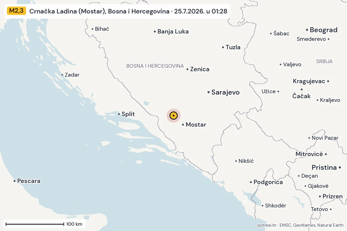 Karta: šire područje, 600 km, potres M2,3, Crnačka Ladina (Mostar), Bosna i Hercegovina, 25.7.2026.