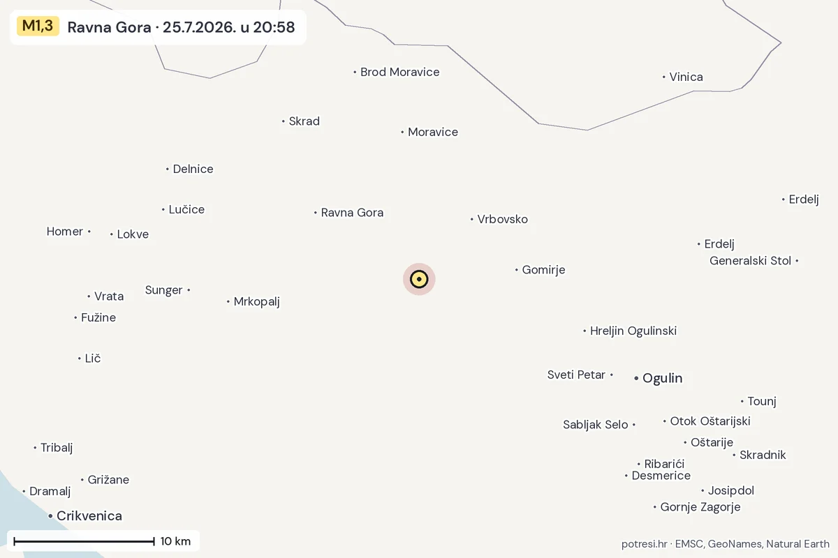 Karta: okolica epicentra, 60 km, potres M1,3, Ravna Gora, 25.7.2026.